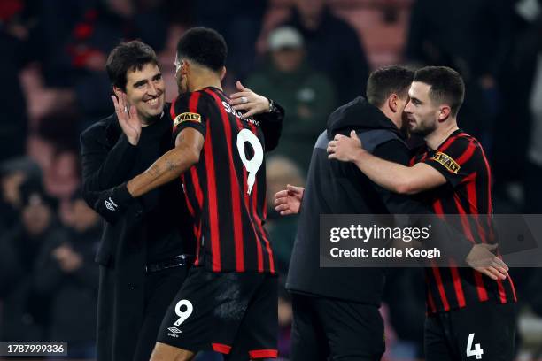 Andoni Iraola, Manager of AFC Bournemouth, embraces and celebrates with his player Dominic Solanke after the team's victory during the Premier League...