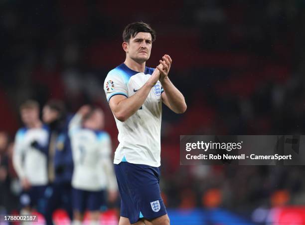 England's Harry Maguire applauds the fans at the final whistle during the UEFA EURO 2024 European qualifier match between England and Malta at...