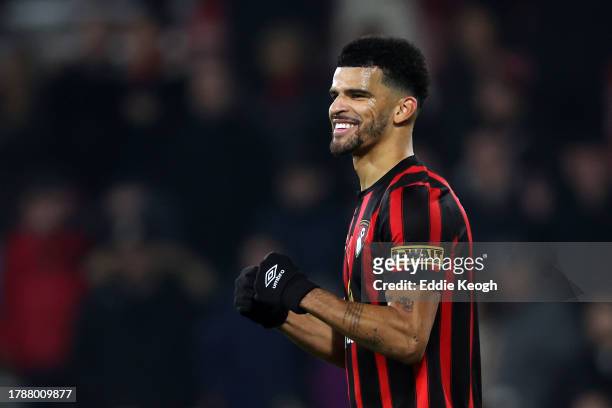Dominic Solanke of AFC Bournemouth celebrates victory after the Premier League match between AFC Bournemouth and Newcastle United at Vitality Stadium...