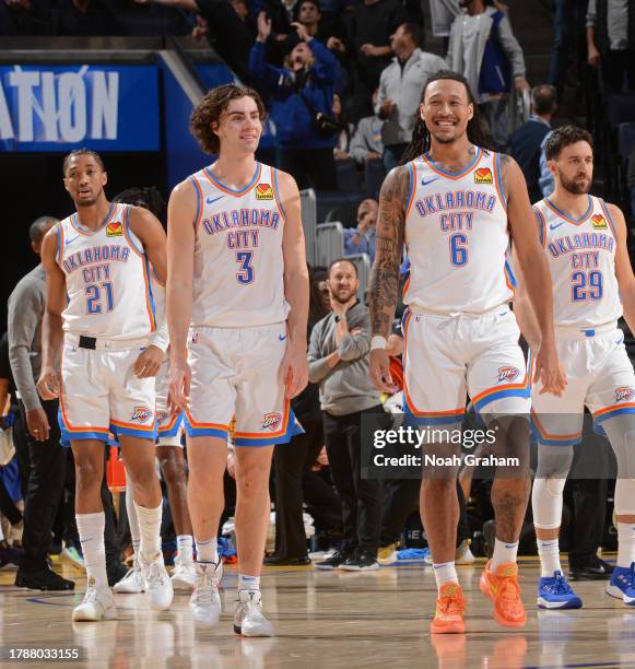Josh Giddey and Jaylin Williams of the Oklahoma City Thunder smile after the game against the Golden State Warriors on November 16, 2023 at Chase...