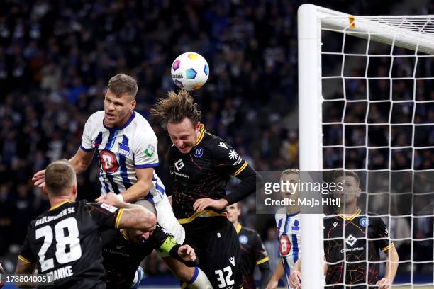 Florian Niederlechner of Hertha Berlin scores the team's second goal during the Second Bundesliga match between Hertha BSC and Karlsruher SC at...