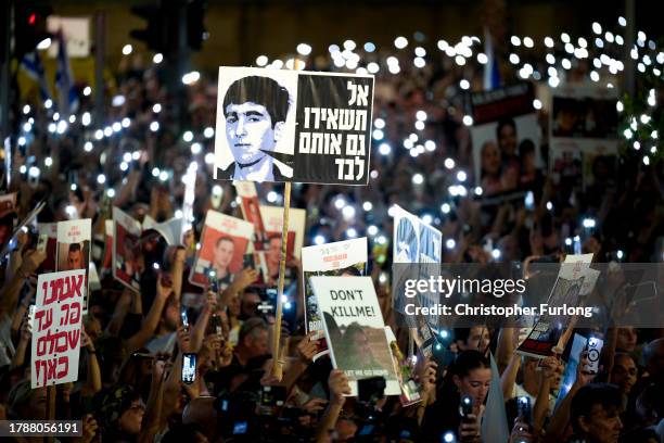 On day 35 of hostages being detained by Hamas, thousands of people and families of kidnapped people hold up their mobile phones with the torch light...