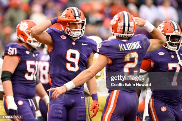 Jake Briningstool celebrates his touchdown with Cade Klubnik of the Clemson Tigers against the Georgia Tech Yellow Jackets in the third quarter at...