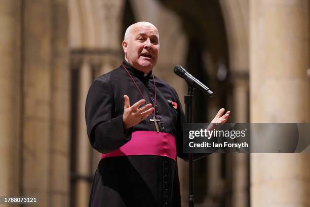 Archbishop of York, Stephen Cottrell speaks to a gathered congregation in York Minster during a vigil calling for peace in Israel and Gaza at York...