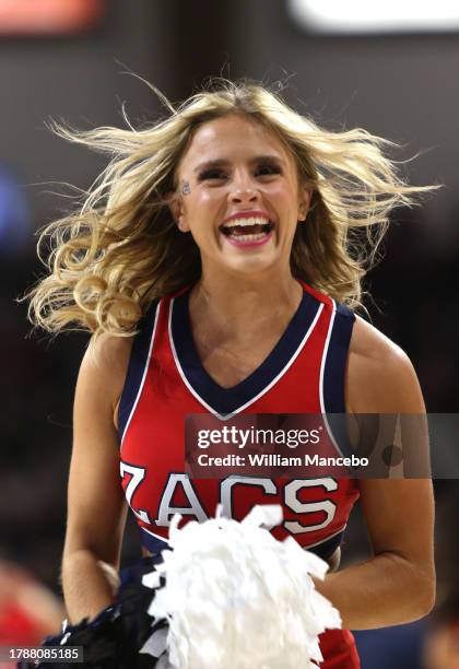 Cheerleader for the Gonzaga Bulldogs performs during the game against the Yale Bulldogs at McCarthey Athletic Center on November 10, 2023 in Spokane,...