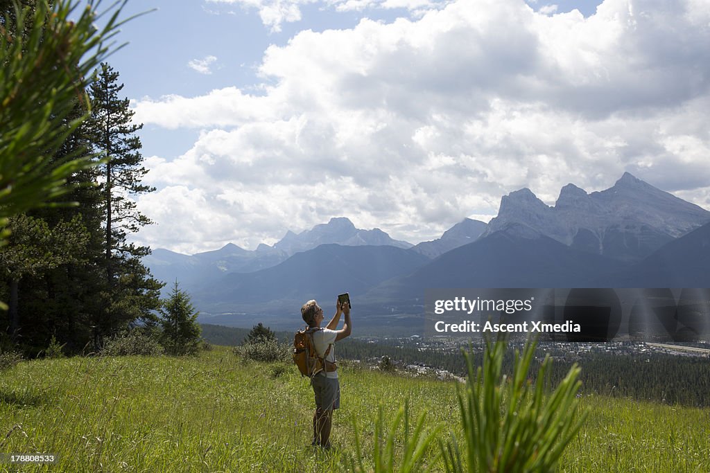 Hiker takes picture from mountain meadow, pines