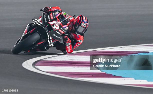 Spanish MotoGP rider Maverick Viales of Aprilia Racing in action during Practice session of MotoGP Qatar Airways Grand Prix of Qatar 2023 at the...