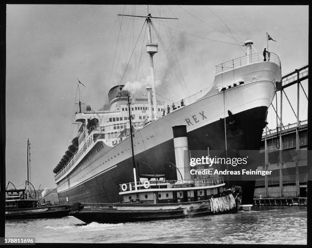 Italian liner 'Rex' docking on the Hudson River, New York, New York, ca. 1950.