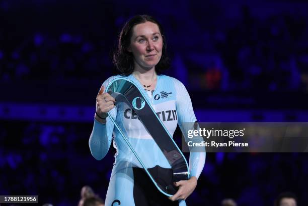 Katie Archibald of United Kingdom celebrates with her Women's Endurance Winners Trophy during Round 5 The Grand Finale of the 2023 UCI Track...