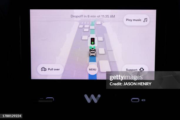 Screen inside a Waymo autonomous vehicle in San Francisco, on November 17, 2023.