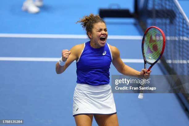 Jasmine Paolini of Team Italy celebrates after winning the Billie Jean King Cup Semi Final match between Italy and Slovenia at Estadio de La Cartuja...