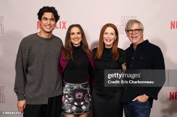 Charles Melton, Natalie Portman, Julianne Moore and Director Todd Haynes attend Netflix's "May December" Photo Call at Four Seasons Hotel Los Angeles...