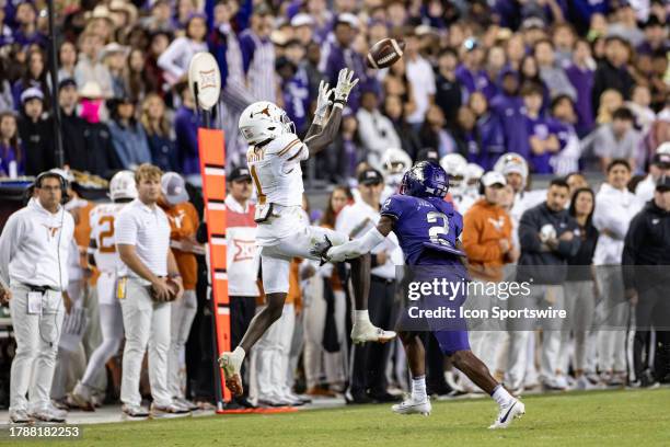Texas Longhorns wide receiver Xavier Worthy leaps for a catch during the college football game between the Texas Longhorns and TCU Horned Frogs on...