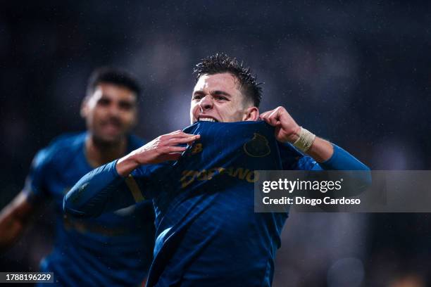 Francisco Conceicao of FC Porto celebrates after scoring his team's second goal during the Liga Portugal Bwin match between Vitoria Guimaraes and FC...