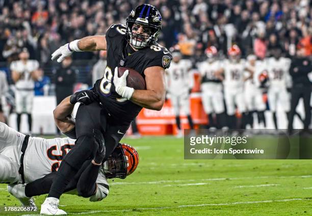 Baltimore Ravens tight end Mark Andrews is injured with a fractured tibia after a reception when Cincinnati Bengals linebacker Logan Wilson falls on...