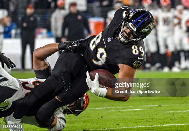 Baltimore Ravens tight end Mark Andrews is injured with a fractured tibia after a reception when Cincinnati Bengals linebacker Logan Wilson falls on...