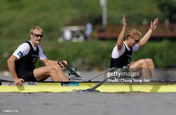 Eric Murray and Hamish Bond of New Zealand react after the Men's Pair final during day seven of the 2013 World Rowing Championships on August 31,...
