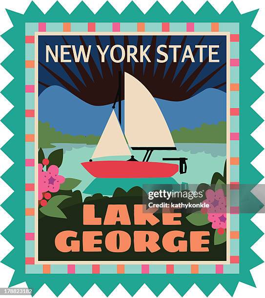 lake george travel sticker or luggage label - lake george new york stock illustrations