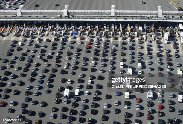 Aerial view of motorists are stranded on a highway on July 31, 2010 at the toll station near Villefranche-sur-Saône, eastern France, for the fifth...