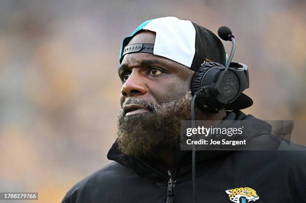 Defensive line coach Brentson Buckner of the Jacksonville Jaguars looks on during the game against the Pittsburgh Steelers at Acrisure Stadium on...