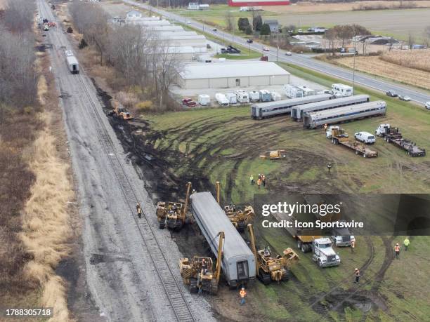 In an aerial view, crews work the scene of an Amtrak passenger train derailment on November 17 near New Buffalo, Michigan. The derailment occurred...