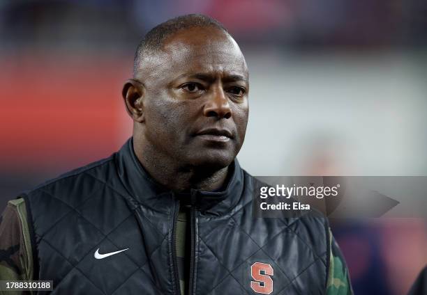 Head coach Dino Babers of the Syracuse Orange takes the field before the game against the Pittsburgh Panthers at Yankee Stadium on November 11, 2023...