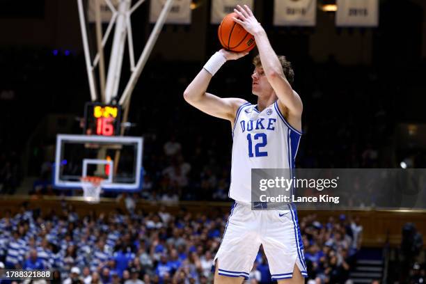 Power of the Duke Blue Devils puts up a three-point shot during the second half of the game against the Bucknell Bison at Cameron Indoor Stadium on...