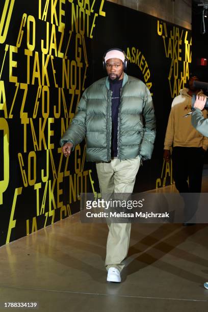 Kevin Durant of the Phoenix Suns arrives to the arena before the game against the Utah Jazz during the In-Season Tournament on November 17, 2023 at...