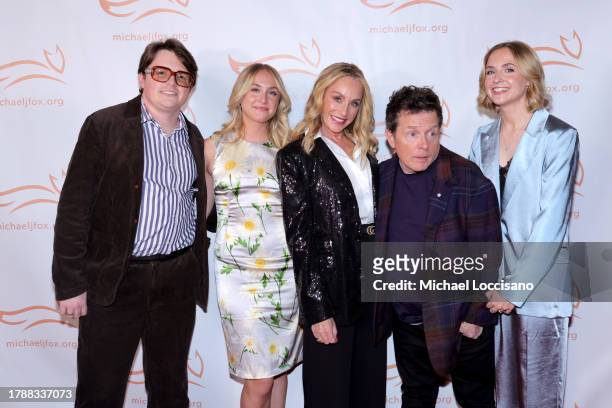 Sam Fox, Aquinnah Fox, Tracy Pollan, Michael J. Fox and Schuyler Fox attend as The Michael J. Fox Foundation Hosts A Funny Thing Happened On The Way...