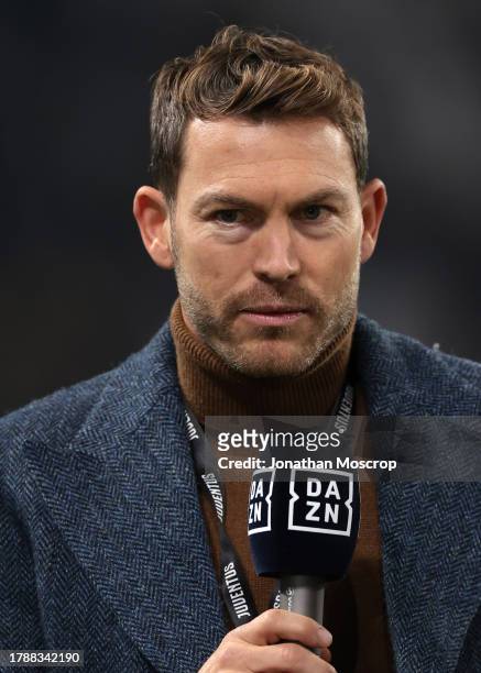 Former Juventus and Switzerland Defender Stephan Lichtsteiner is interviewed by DAZN TV prior to kick off in the Serie A TIM match between Juventus...