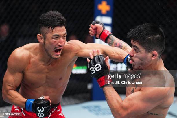 Kyung Ho Kang of South Korea punches John Castaneda in a 138-pound catchweight fight during the UFC 295 event at Madison Square Garden on November...