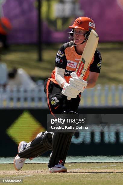 Beth Mooney of the Scorchers bats during the WBBL match between Perth Scorchers and Sydney Thunder at CitiPower Centre, on November 12 in Melbourne,...