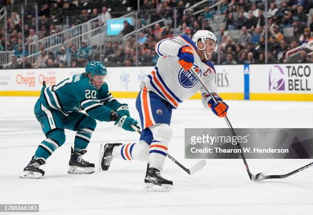 Connor McDavid of the Edmonton Oilers shoots on goal against the San Jose Sharks during the third period at SAP Center on November 09, 2023 in San...