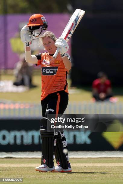 Beth Mooney of the Scorchers celebrates scoring a century during the WBBL match between Perth Scorchers and Sydney Thunder at CitiPower Centre, on...