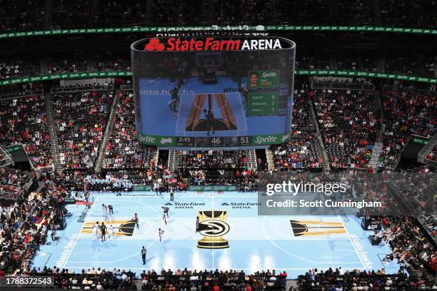 An overall view of the Atlanta Hawks In-Season Tournament court during the In-Season Tournament game against the Philadelphia 76ers on November 17,...