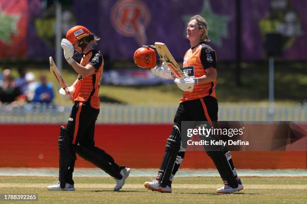 Beth Mooney of the Scorchers celebrates scoring a century during the WBBL match between Perth Scorchers and Sydney Thunder at CitiPower Centre, on...