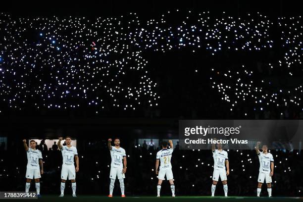 Players of Pumas sing the UNAM anthem prior the 17th round match between Pumas UNAM and Chivas as part of the Torneo Apertura 2023 Liga MX at...