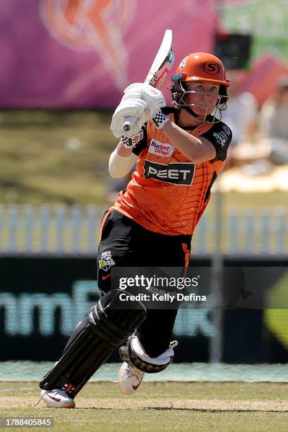 Beth Mooney of the Scorchers hits a four to score a century during the WBBL match between Perth Scorchers and Sydney Thunder at CitiPower Centre, on...