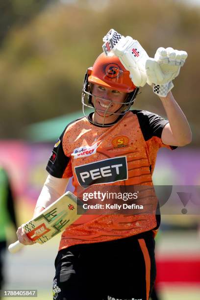 Beth Mooney of the Scorchers celebrates scoring a century during the WBBL match between Perth Scorchers and Sydney Thunder at CitiPower Centre, on...