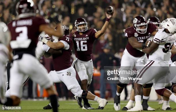 Jaylen Henderson of the Texas A&M Aggies throws the football in the first quarter against the Mississippi State Bulldogs at Kyle Field on November...