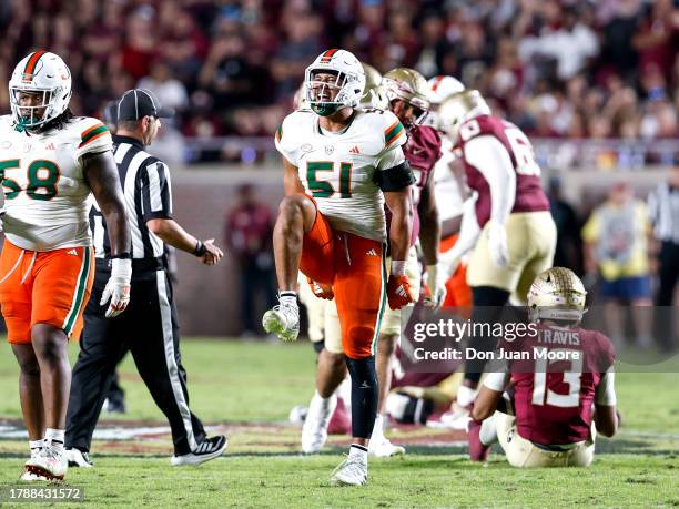Linebacker Francisco Mauigoa of the Miami Hurricanes celebrates making a sack during the game against the Florida State Seminoles at Bobby Bowden...