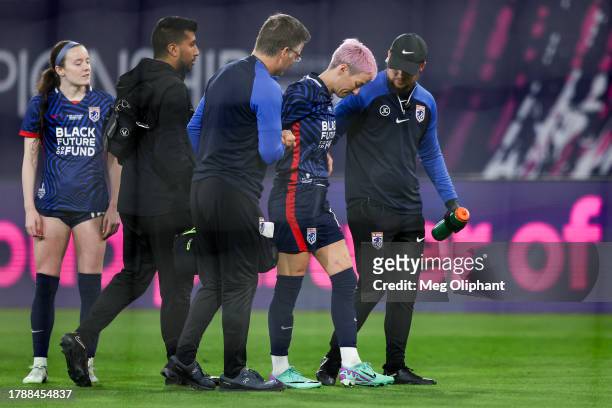Megan Rapinoe of OL Reign leaves the field after being injured in the first half against the NJ/NY Gotham FC during the 2023 NWSL Championship game...