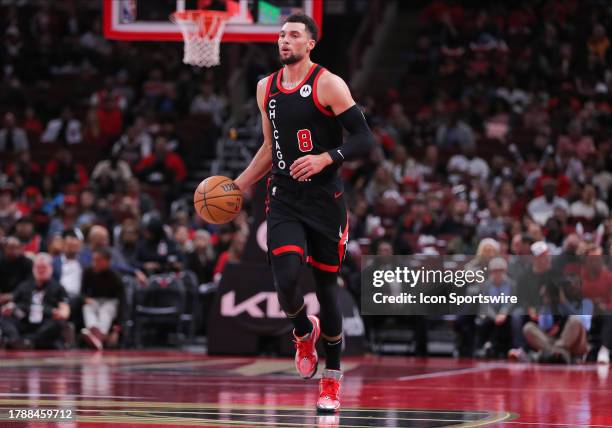 Zach LaVine of the Chicago Bulls brings the ball up court against the Orlando Magic in the first half of the NBA In-Season Tournament at the United...