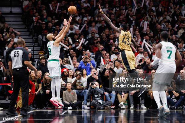 Derrick White of the Boston Celtics puts up a shot over Pascal Siakam of the Toronto Raptors during the second half of their NBA In-Season Tournament...
