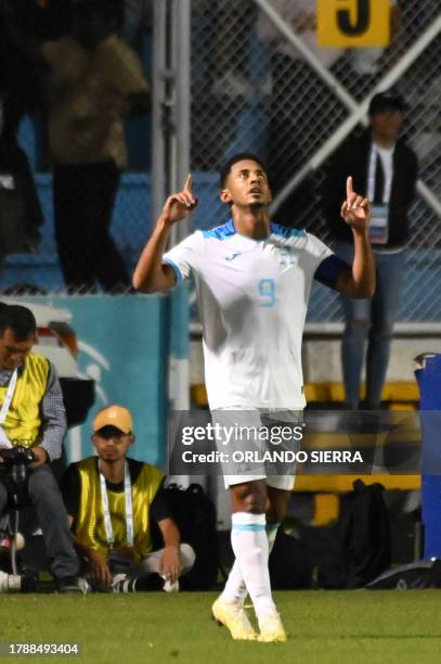 Honduras' forward Antony Lozano celebrates after scoring a goal during the Concacaf Nations League quarterfinal leg 1 football match between Honduras...