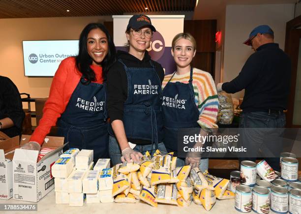 Tayshia Adams, Bridget Moynahan and Emma Roberts attend the Feeding America event in NYC on November 17, 2023 in New York City.