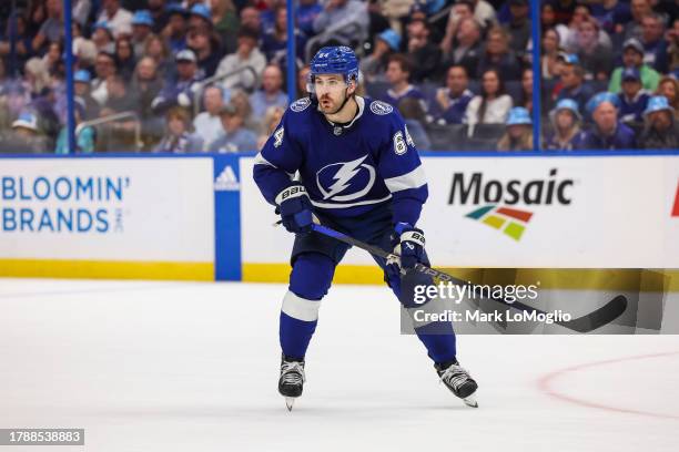 Tyler Motte of the Tampa Bay Lightning against the Carolina Hurricanes during the second period at Amalie Arena on November 11, 2023 in Tampa,...