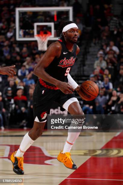 Jerami Grant of the Portland Trail Blazers dribbles the ball during the game against the Los Angeles Lakers during the In-Season Tournament on...