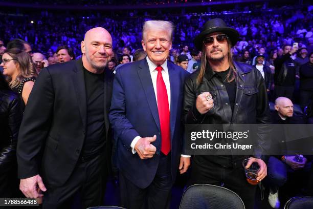 Former U.S. President Donald Trump, UFC president Dana White, and Kid Rock pose fora photo during the UFC 295 event at Madison Square Garden on...