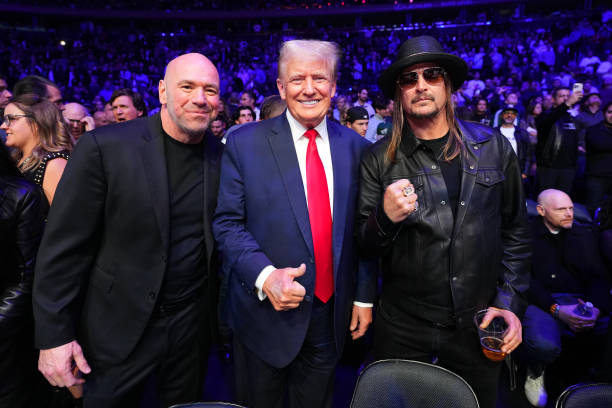 Former U.S. President Donald Trump, UFC president Dana White, and Kid Rock pose fora photo during the UFC 295 event at Madison Square Garden on...